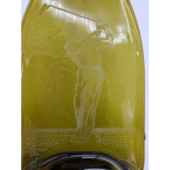 Cheese Plate Green Wine Bottle Serving Dish Spoon Rest Etched Golfer Flattened - Picture 11 of 12